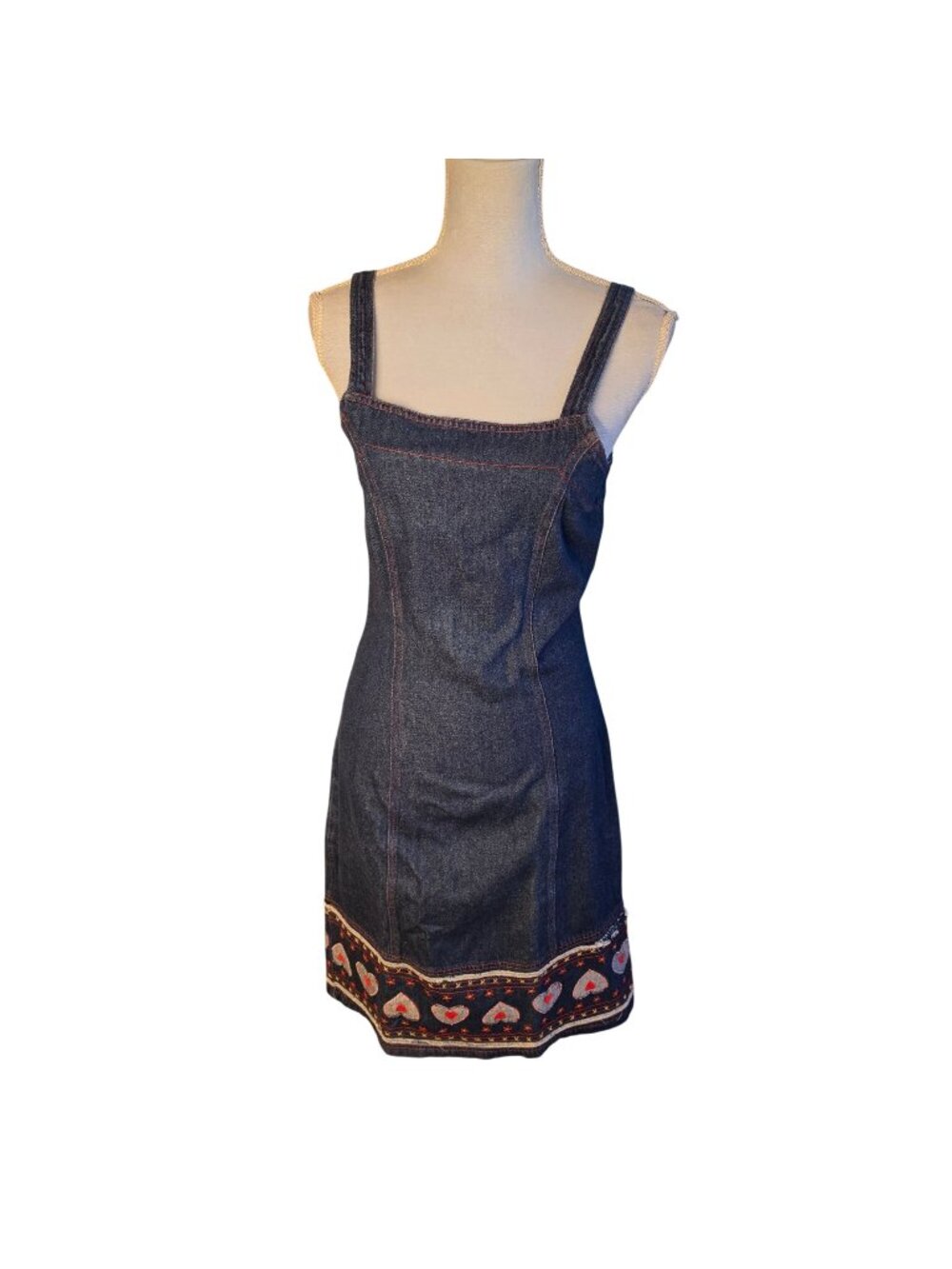 Y2K Etam Denim Heart Embroidered Mini Dress Coquette Fairycore Sz 4 UK 8